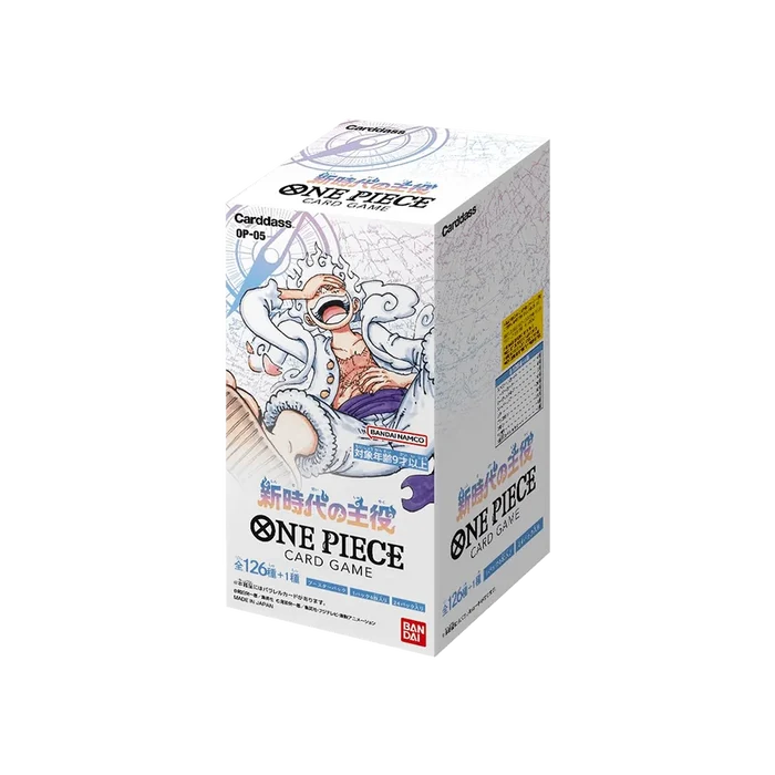 Bandai One Piece Booster Box "Awakening of the New Era" OP-05 mit farbigen Verpackungen und Sammelkarten.