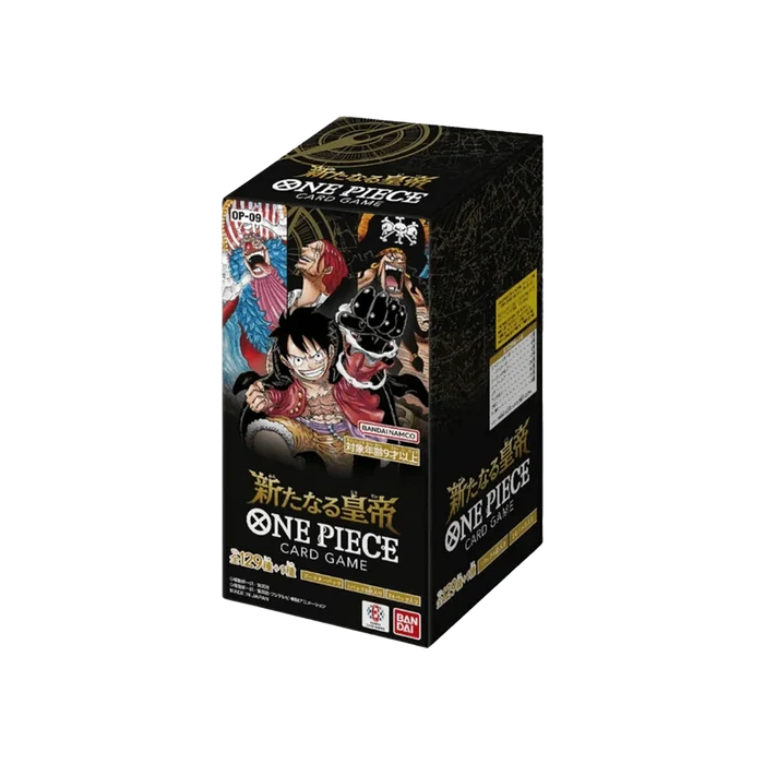 Bandai One Piece Emperors in the New World Booster-Box für Trading Card Game, mit mehreren Karten und Verpackung.