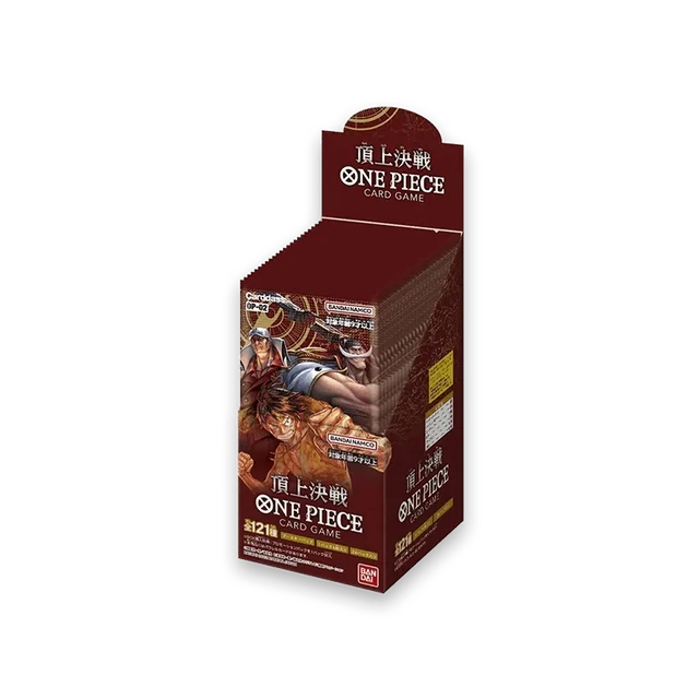 Bandai One Piece Paramount War Booster-Box für das Trading Card Game, geöffnet mit sichtbaren Booster-Karten und Verpackung