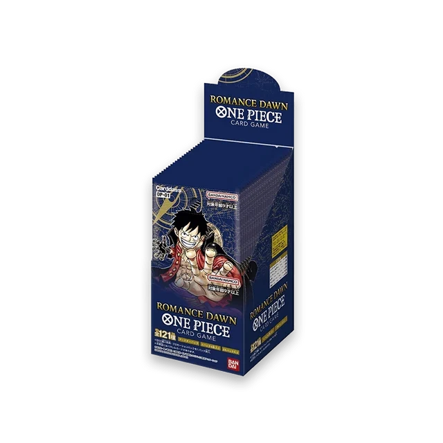 Bandai One Piece Romance Dawn Booster Box für Sammelkartenspiel, zeigt die Verpackung mit mehreren Karten.