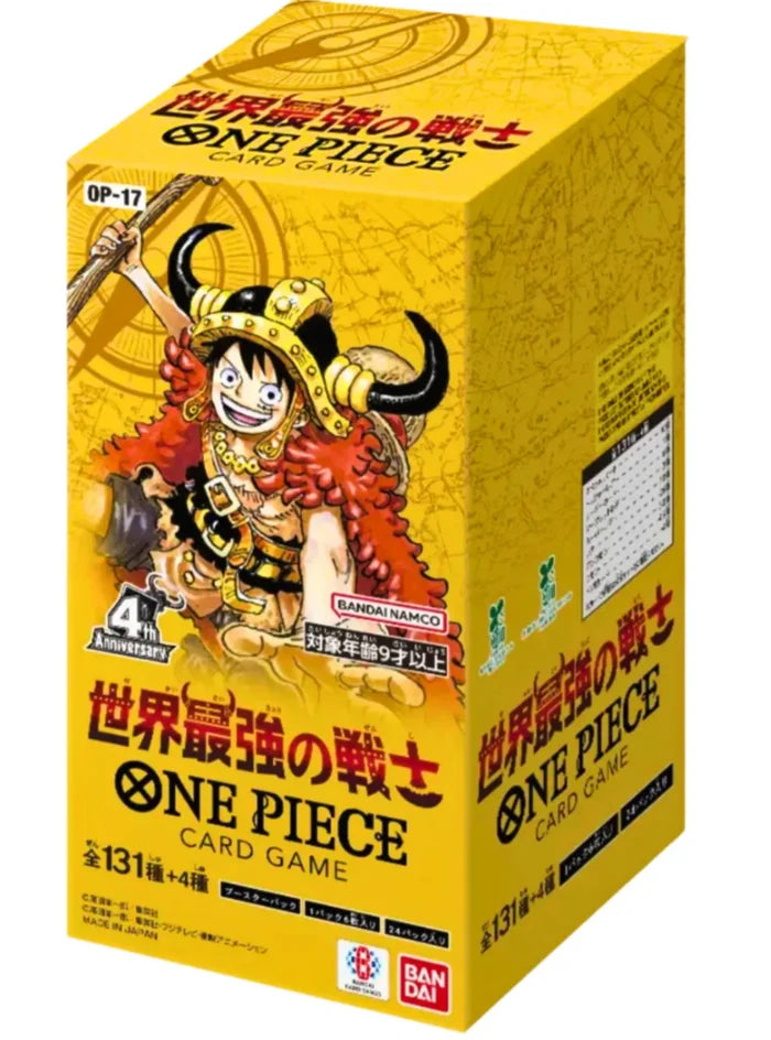 Bandai One Piece OP-17 Booster-Box mit japanischer Verpackung, umfasst Sammlung von Karten aus der Serie "The World's Strongest Warriors".