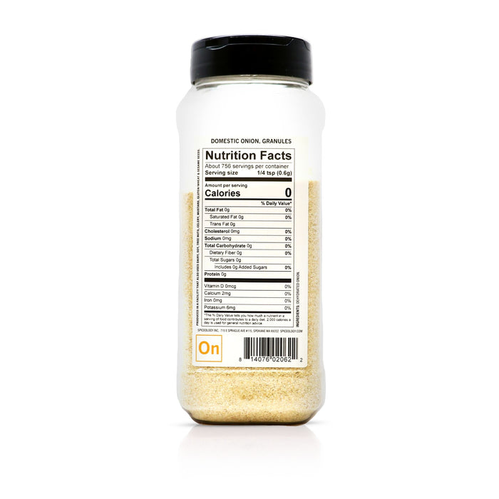 Back view of Spiceology Domestic Onion Granules bottle displaying nutrition facts and ingredient information.