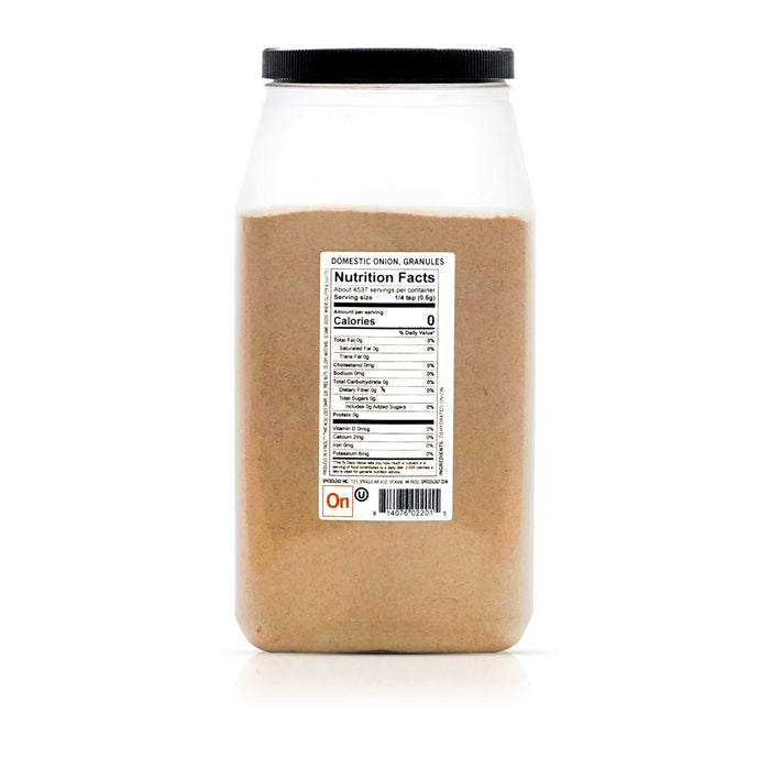 Back view of Spiceology Domestic Onion Granules nutrition facts and ingredient information.
