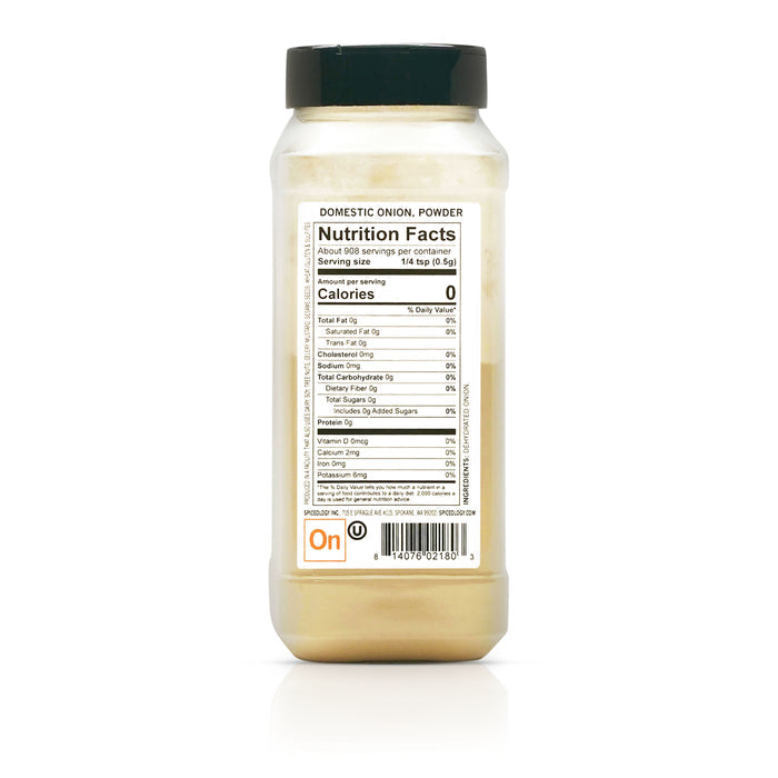Back view of Spiceology Domestic Onion, Powder nutrition facts and ingredient information.