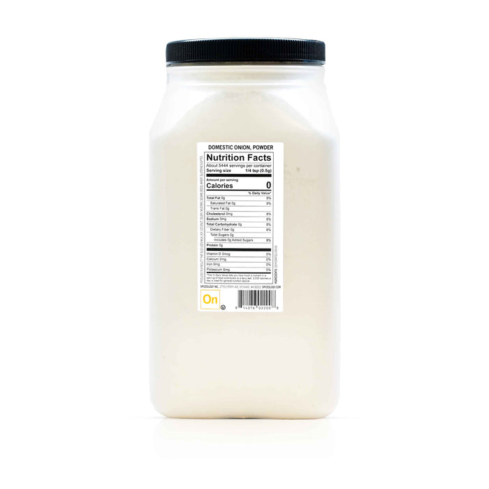 Back view of Spiceology domestic onion powder displaying nutrition facts and ingredient information.
