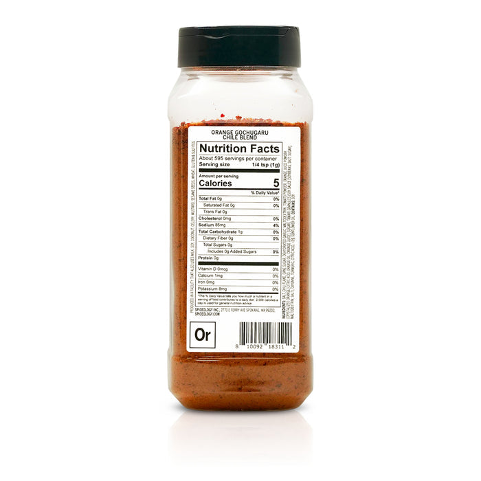 Back view of Spiceology Orange Gochugaru Chile Blend nutrition facts and ingredient information.