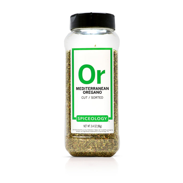 A bottle of Spiceology Mediterranean oregano spice on a white background