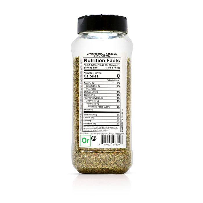 Back view of Spiceology Mediterranean Oregano, Cut/Sorted nutrition facts and ingredient information.