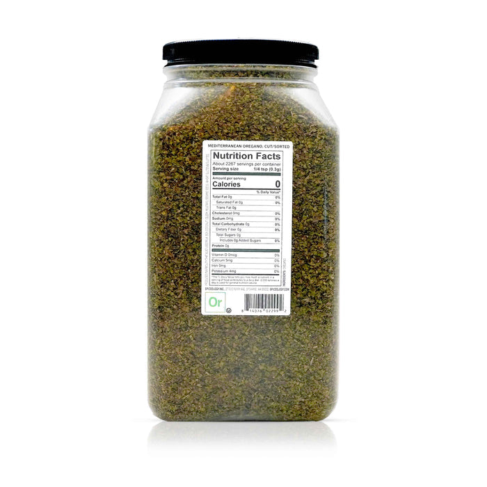 Back view of Spiceology Mediterranean Oregano, Cut/Sorted nutrition facts and ingredient information.