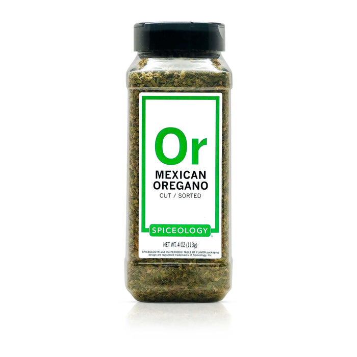 Bottle of Mexican oregano with 'Or' Spiceology label on a white background