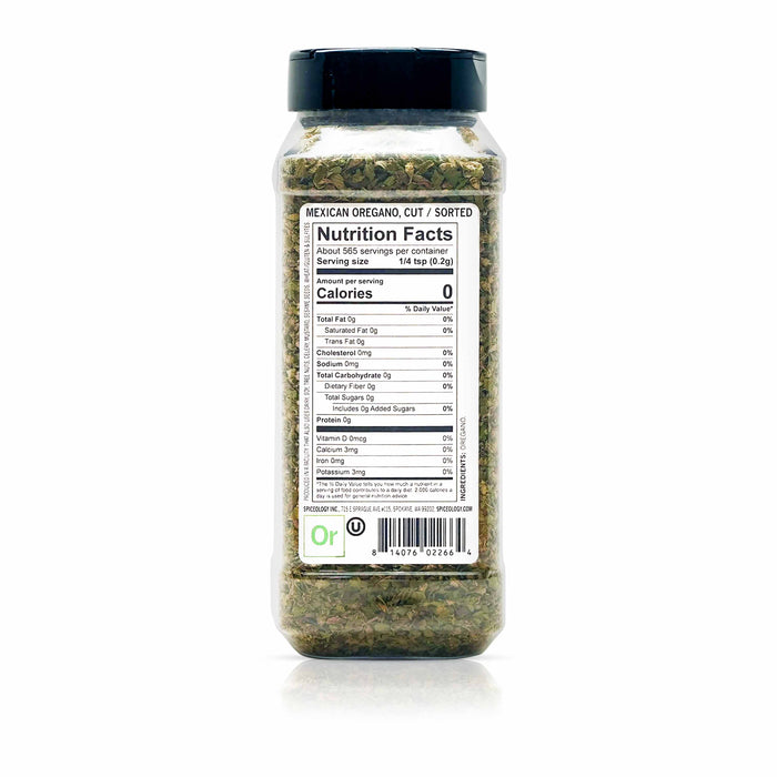 Back view of Spiceology Mexican Oregano cut/sorted displaying nutrition facts and ingredient information.