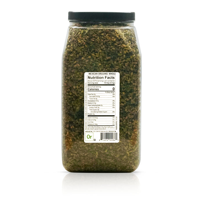 Back view of Spiceology Mexican Oregano, Whole nutrition facts and ingredient information.