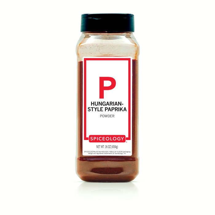Bottle of Spiceology Hungarian-style paprika powder on a white background