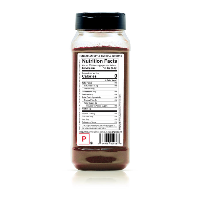 Bottle of ground Hungarian-style paprika with nutrition label on a white background