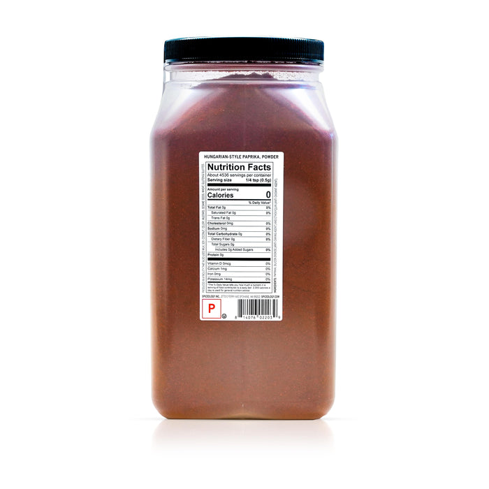 Back view of Spiceology Hungarian Paprika displaying nutrition facts and ingredient information.