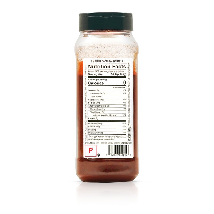 Back view of Spiceology Smoked Paprika, Ground nutrition facts and ingredient information.