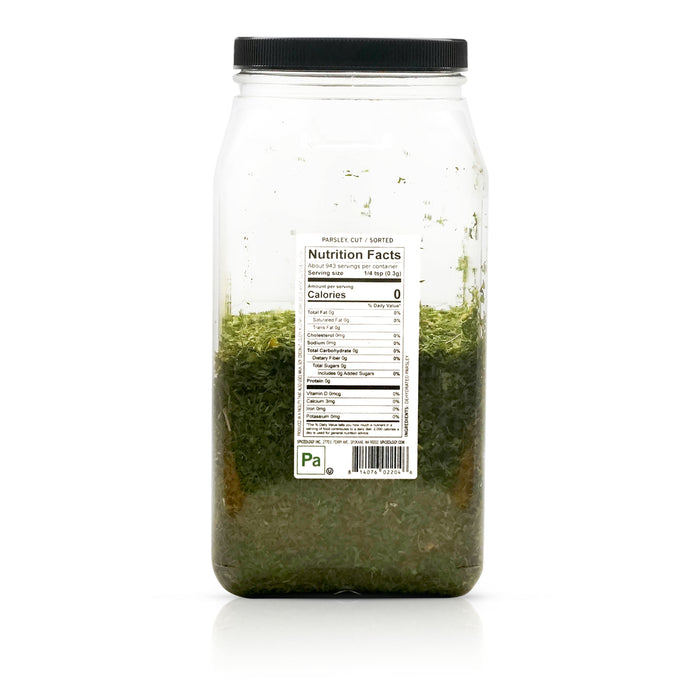 Back view of Spiceology Parsley, Cut/Sorted nutrition facts and ingredient information.