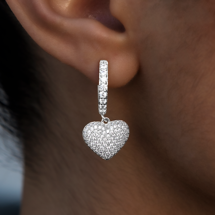 Pave Heart Hoop Earrings in White Gold