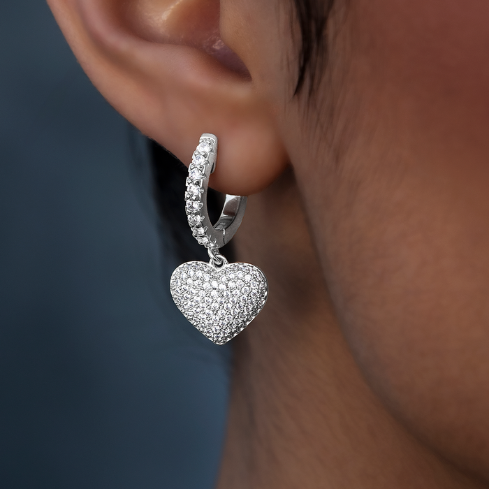 Pave Heart Hoop Earrings in White Gold