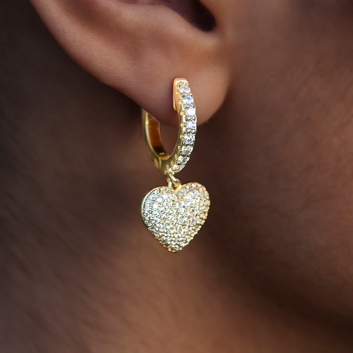 Pave Heart Hoop Earrings in Yellow Gold