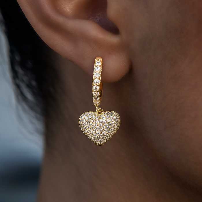 Pave Heart Hoop Earrings in Yellow Gold