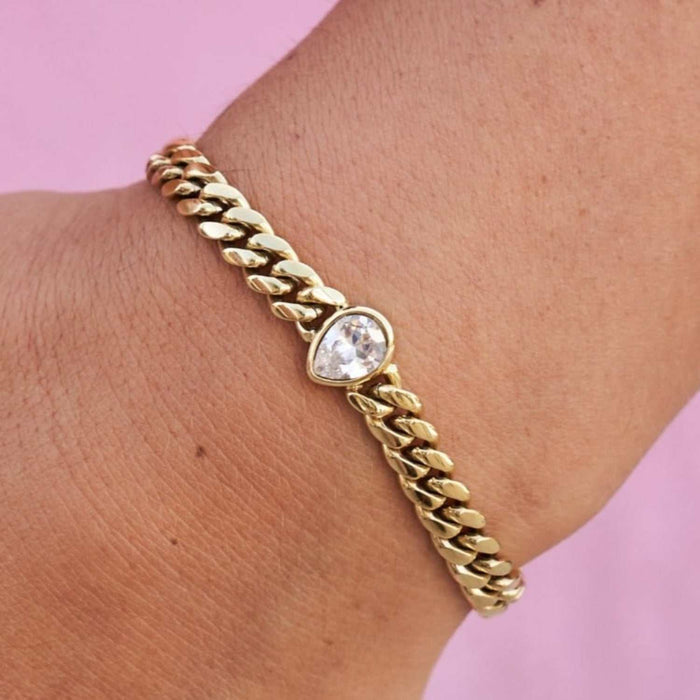 Pear Cut Stone Miami Cuban Bracelet - Gold