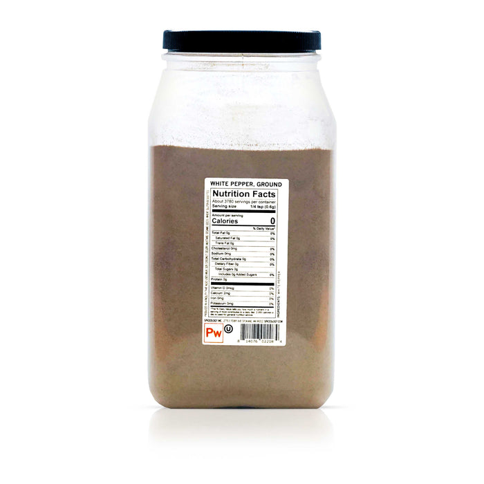 Back view of Spiceology ground White Pepper nutrition facts and ingredient information.