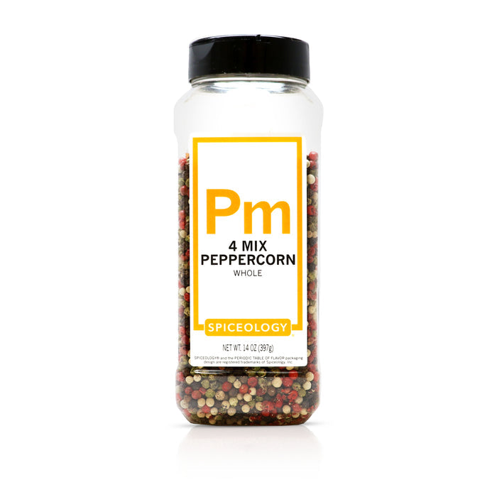 Bottle of Spiceology 4 Mix Peppercorn Whole on a white background