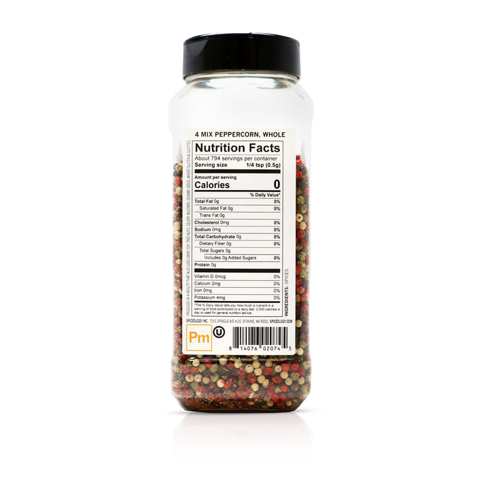 Back view of Spiceology 4 Mix Peppercorn, Whole nutrition facts and ingredient information.