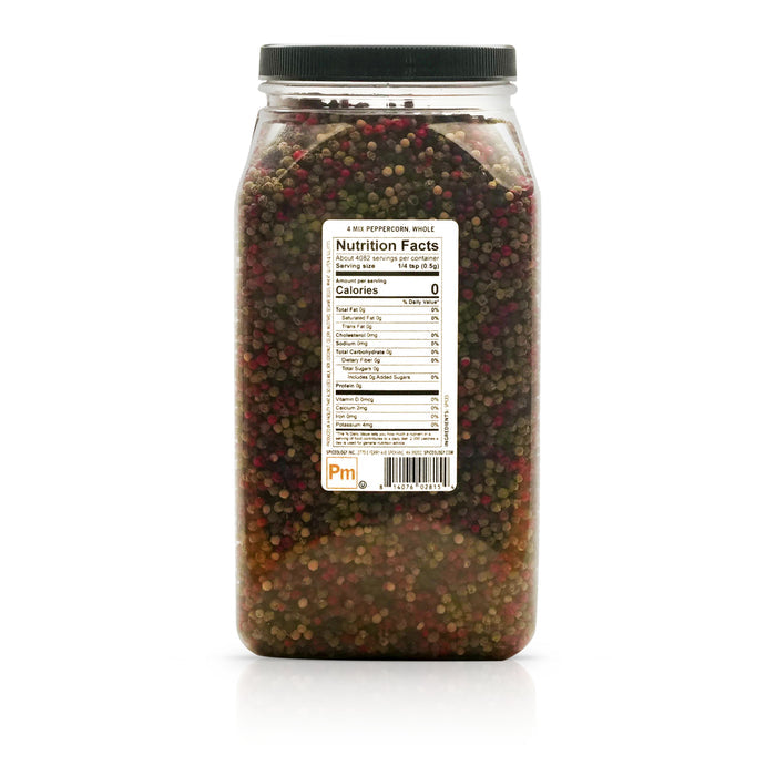 Back view of Spiceology 4 Mix Peppercorn, Whole nutrition facts and ingredient information.