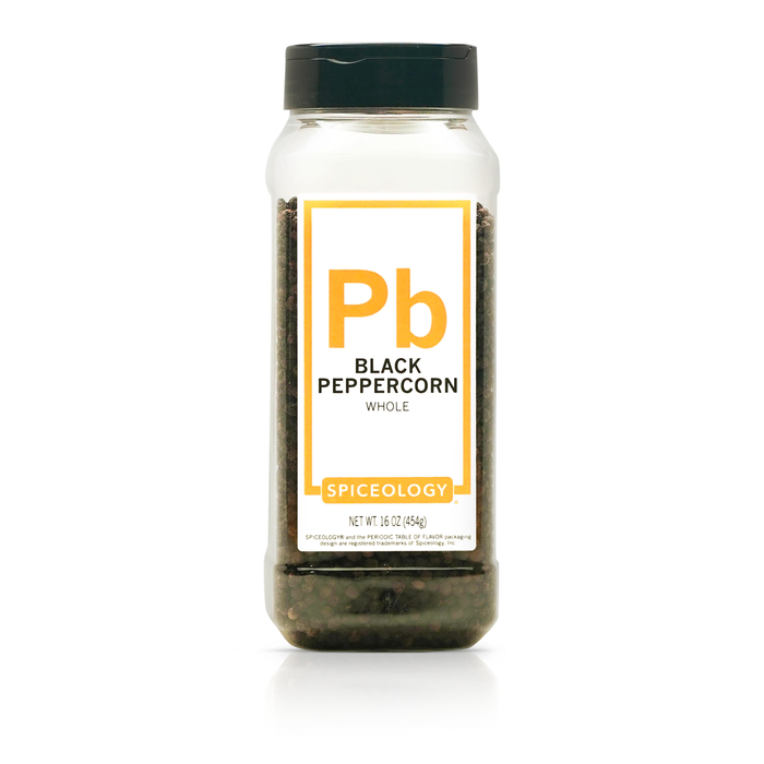 Spiceology black peppercorn bottle on a white background