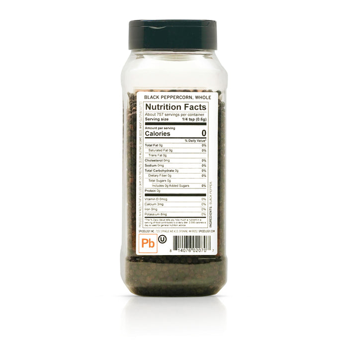 Back view of Spiceology Black Peppercorn, whole blend nutrition facts and ingredient information.