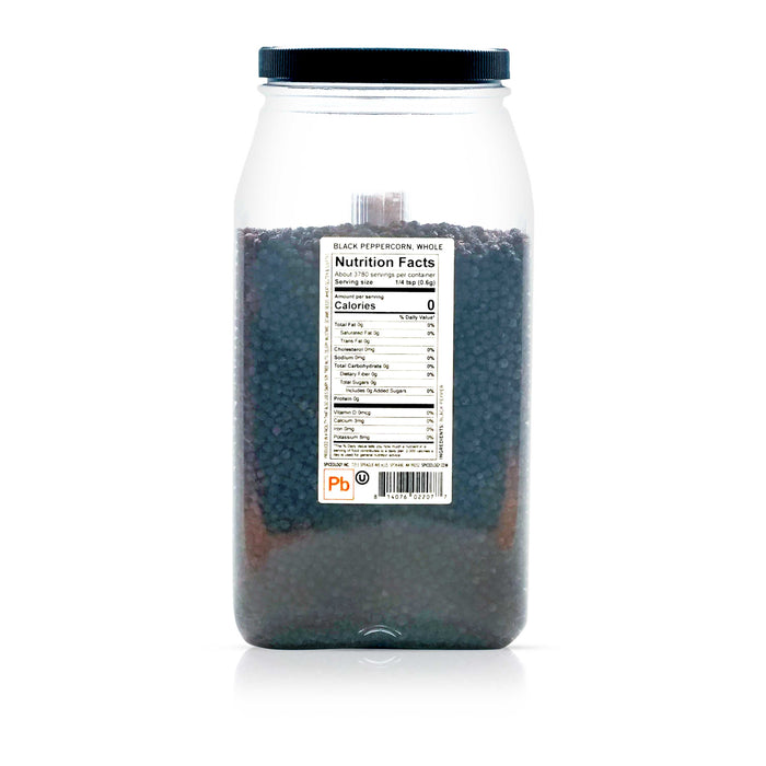 Back view of Spiceology Whole Black Peppercorn nutrition facts and ingredient information.