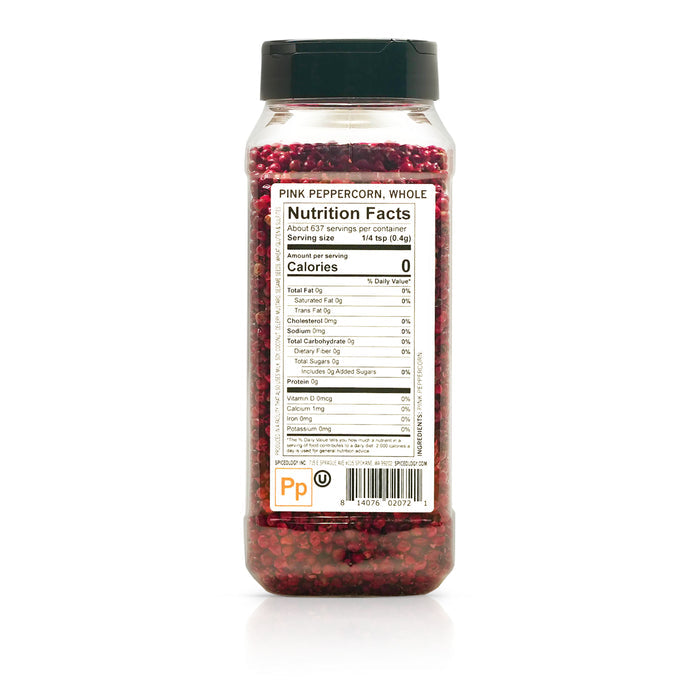 Back view of Spiceology Pink Peppercorn, Whole nutrition facts and ingredient information.