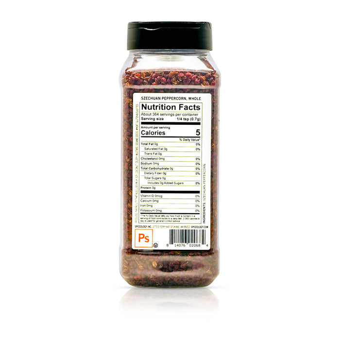 Back view of Spiceology Whole Szechuan Peppercorn nutrition facts and ingredient information.