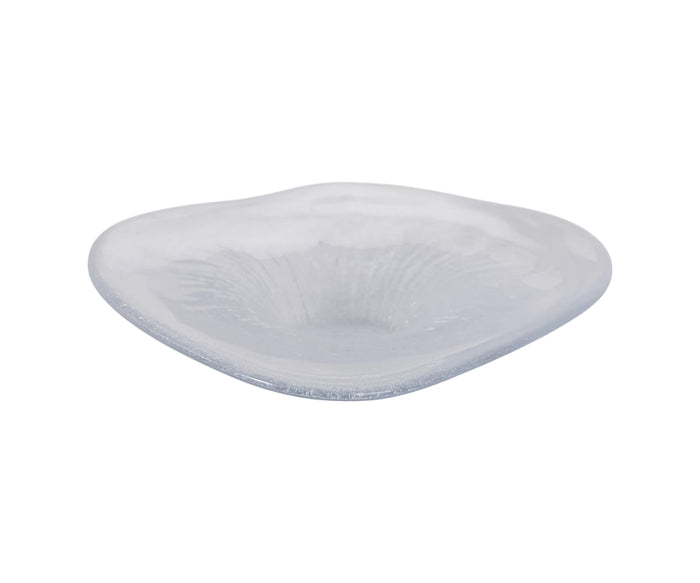 The Petal Frost Bowl, crafted from clear glass with a gentle inward curve and a smooth, round base, showcases hand-finished artistry. Its softly angled edges and elegant design bring subtle sophistication to any space.