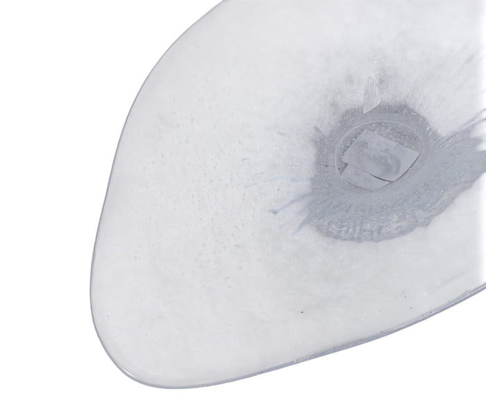 A close-up of the Petal Frost Bowl highlights its clear, irregular shape with textured patterns and a circular center indentation, reflecting the hand-finished artistry of this glass decorative piece. The bowl is displayed against a white background.