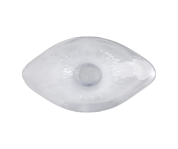 Overhead view of the Petal Frost Bowl, an oval-shaped decorative piece with a small circular base, showcasing hand-finished glass craftsmanship in its elegant design. The bowl is displayed against a white background.