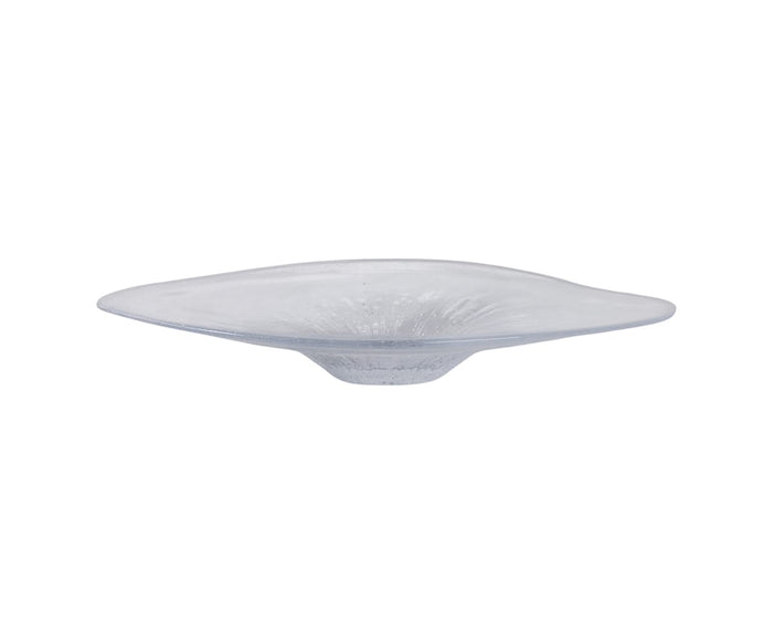 The Petal Frost Bowl features clear glass with a wide, flat rim and a gently raised center, expertly hand-finished to offer a refined look. Photographed against a white background, this elegant piece captures the graceful design of the collection, making it equally suitable for display or for everyday use.