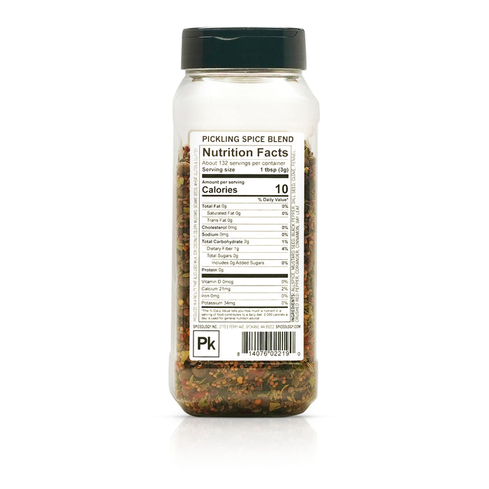 Back view of Spiceology Pickling Spice Blend nutrition facts and ingredient information.