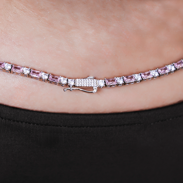 Pink Diamond Baguette Tennis Necklace