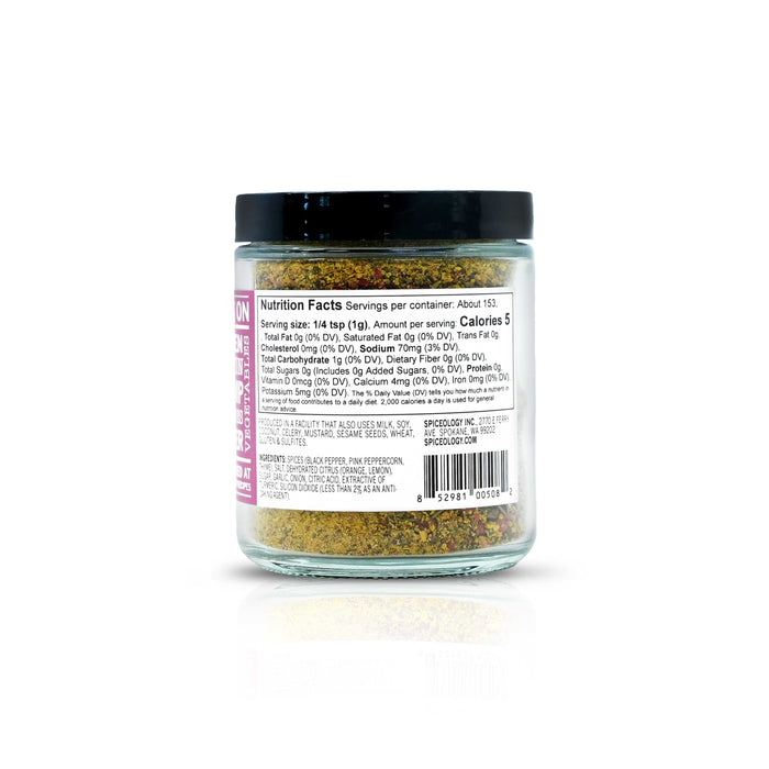 Back view of Spiceology pink peppercorn lemon thyme seasoning displaying nutrition facts and ingredient information.