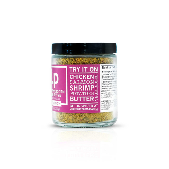 Side view of Spiceology pink peppercorn lemon thyme all purpose seasoning