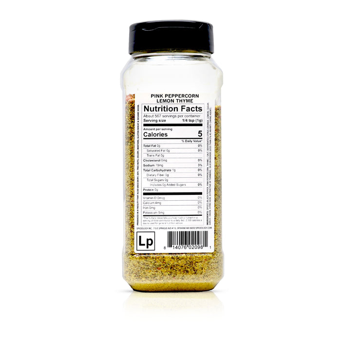 Back view of Spiceology pink peppercorn lemon thyme all purpose blend nutrition facts and ingredient information.