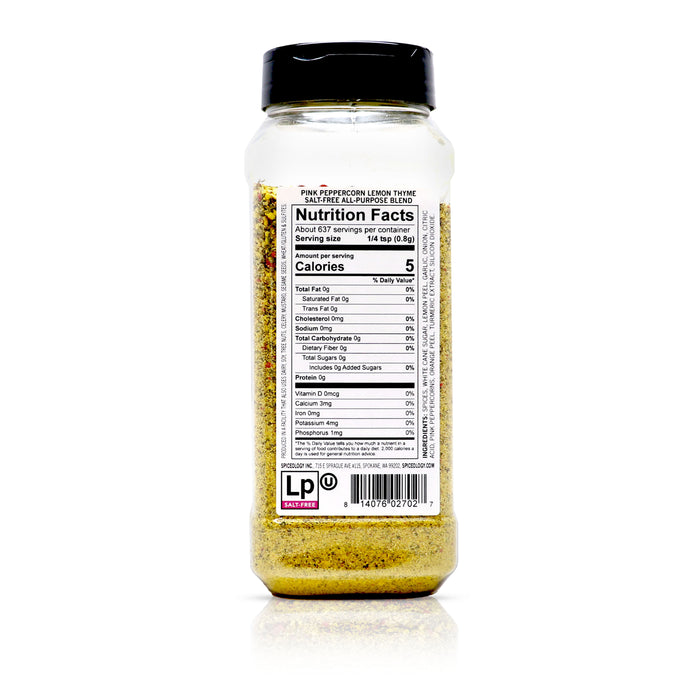 Back view of Spiceology pink peppercorn lemon thyme salt free seasoning nutrition facts and ingredient information.