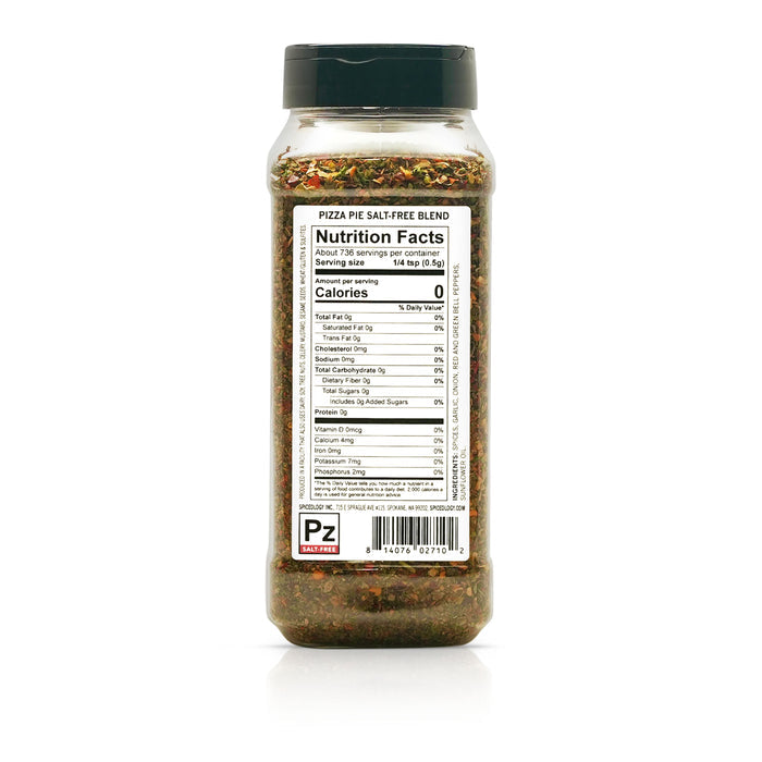 Back view of Spiceology Pizza Pie Salt-Free blend nutrition facts and ingredient information.