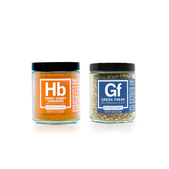 Two jars of Spiceology Pizza Bundle, one labeled 'Hb Smoky Honey Habanero' and the other 'GF Greek Freak', on a white background.