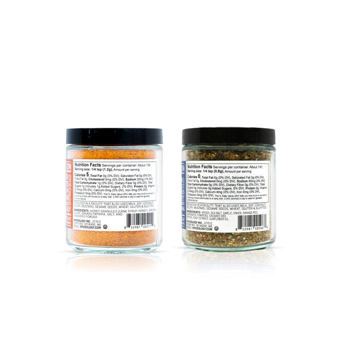 Two jars of Spiceology Pizza Bundle blends nutrition facts labels a white background