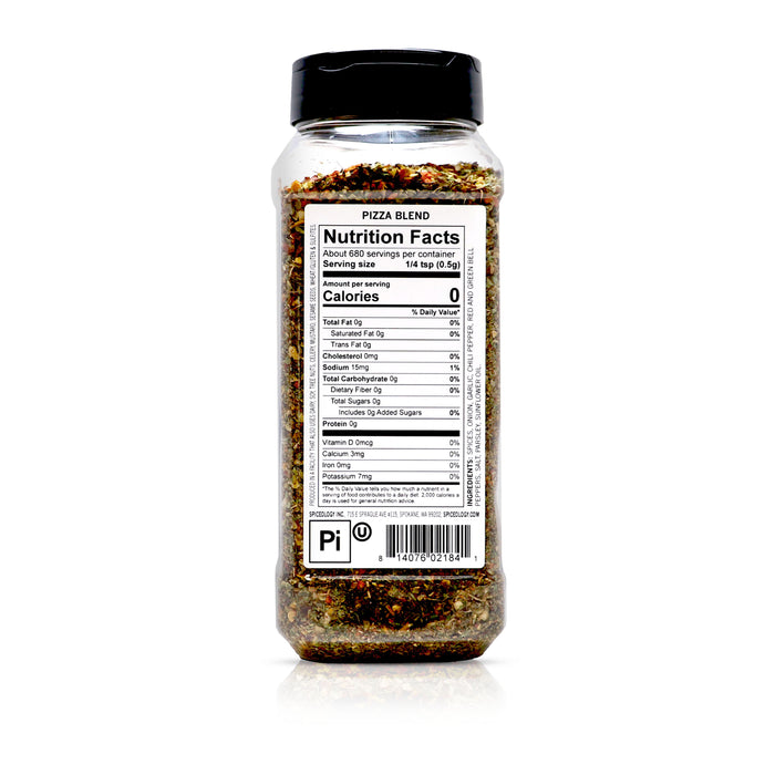 Back view of Spiceology Pizza blend nutrition facts and ingredient information.
