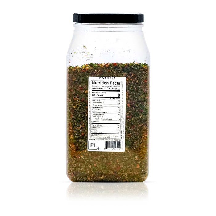 Back view of Spiceology Pizza blend nutrition facts and ingredient information.